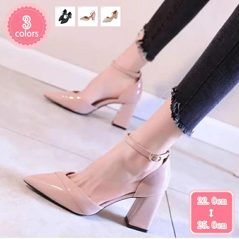 777円OFFクーポン アンクルストラップ ポインテッドトゥ チャンキーヒール パンプス vカット デザイン 春夏 靴 大人かわいい 歩きやすい ハイヒール 7cmヒール 走れるパンプス セパレート