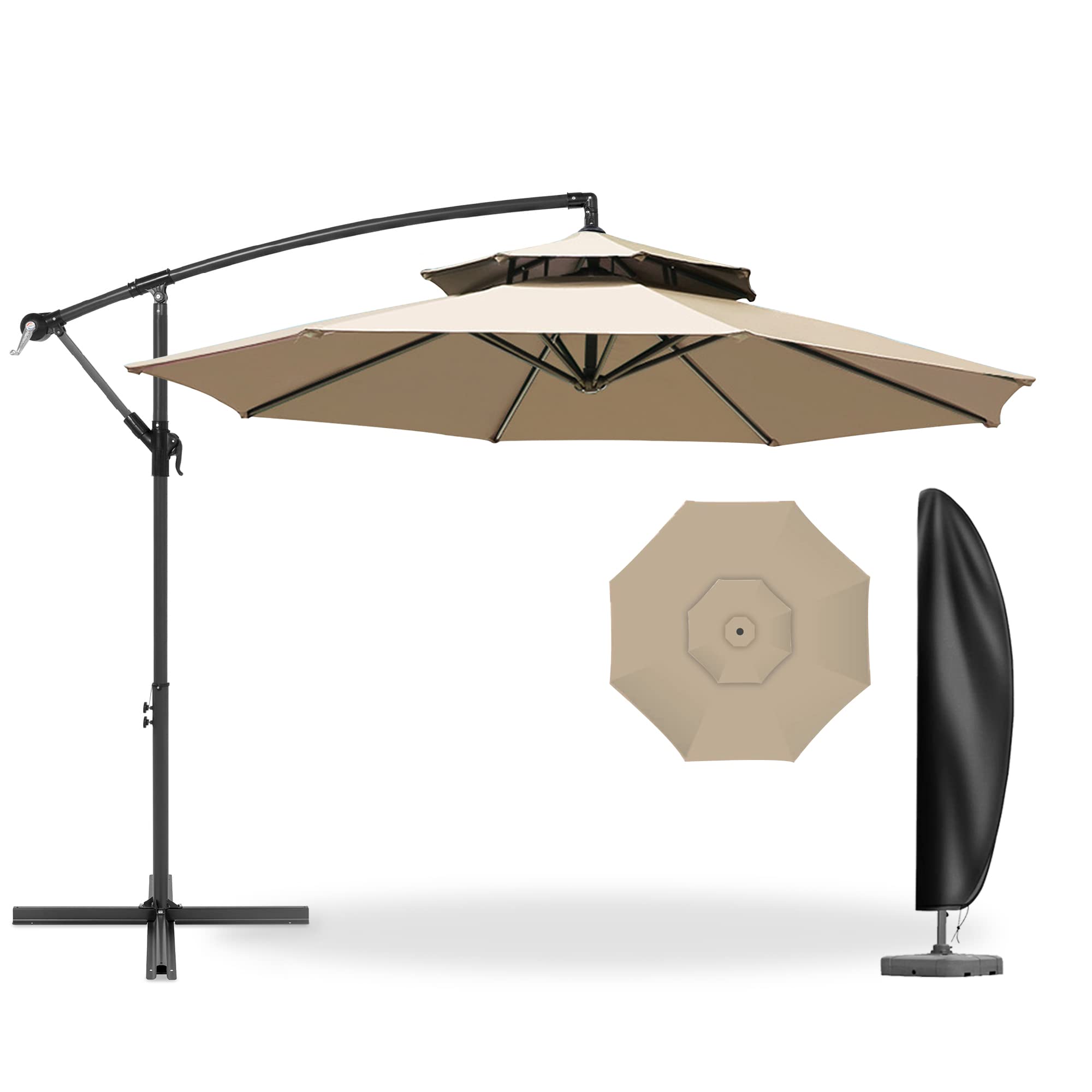 ViCoopZim パラソル ガーデンパラソル 大型 風に強い 270/300cm 二層式 ベランダ ハンギングパラソル UVカット 撥水 角度調整 カバー付き モダン ガーデンセット 庭・屋外・ウッ