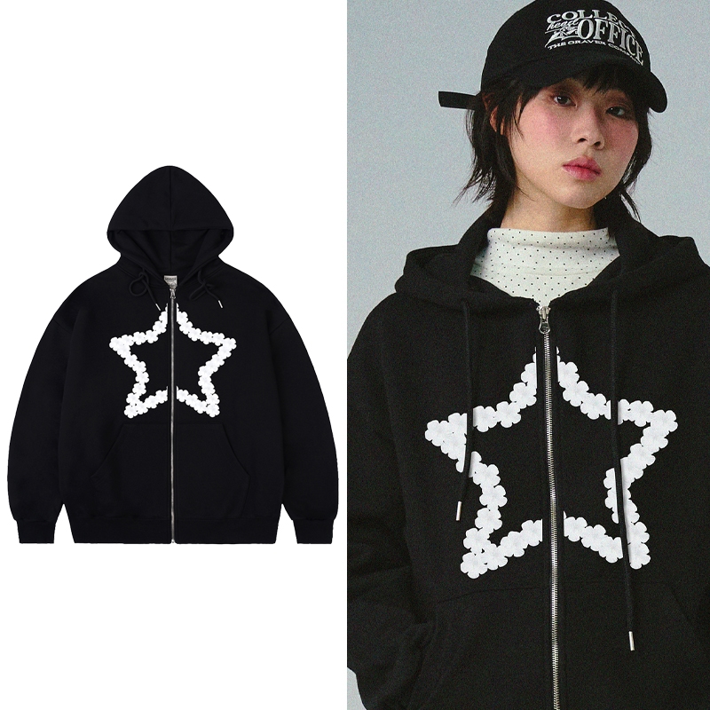 [UNISEX] Flower Star Hooded Zip-Up_Black