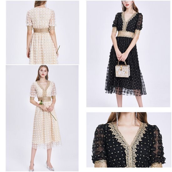 【取寄：納期2週間】ロングドレス 結婚式ドレス 総レース 袖あり 夏服 Vネック ハイウエスト Aラインスカート