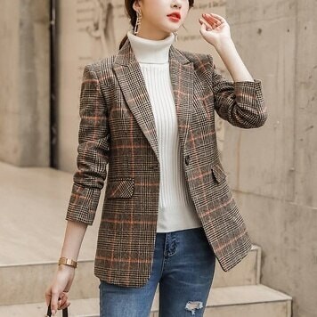 2色 アウター ジャケット レディース 秋冬 きれいめ 暖かい ブレザー 七分袖 長袖 Vネック 襟付き スリム タイト Aライン 前開き 茶色 ブラウン 灰色 グレー くすみカラー 大人カラー ベイ