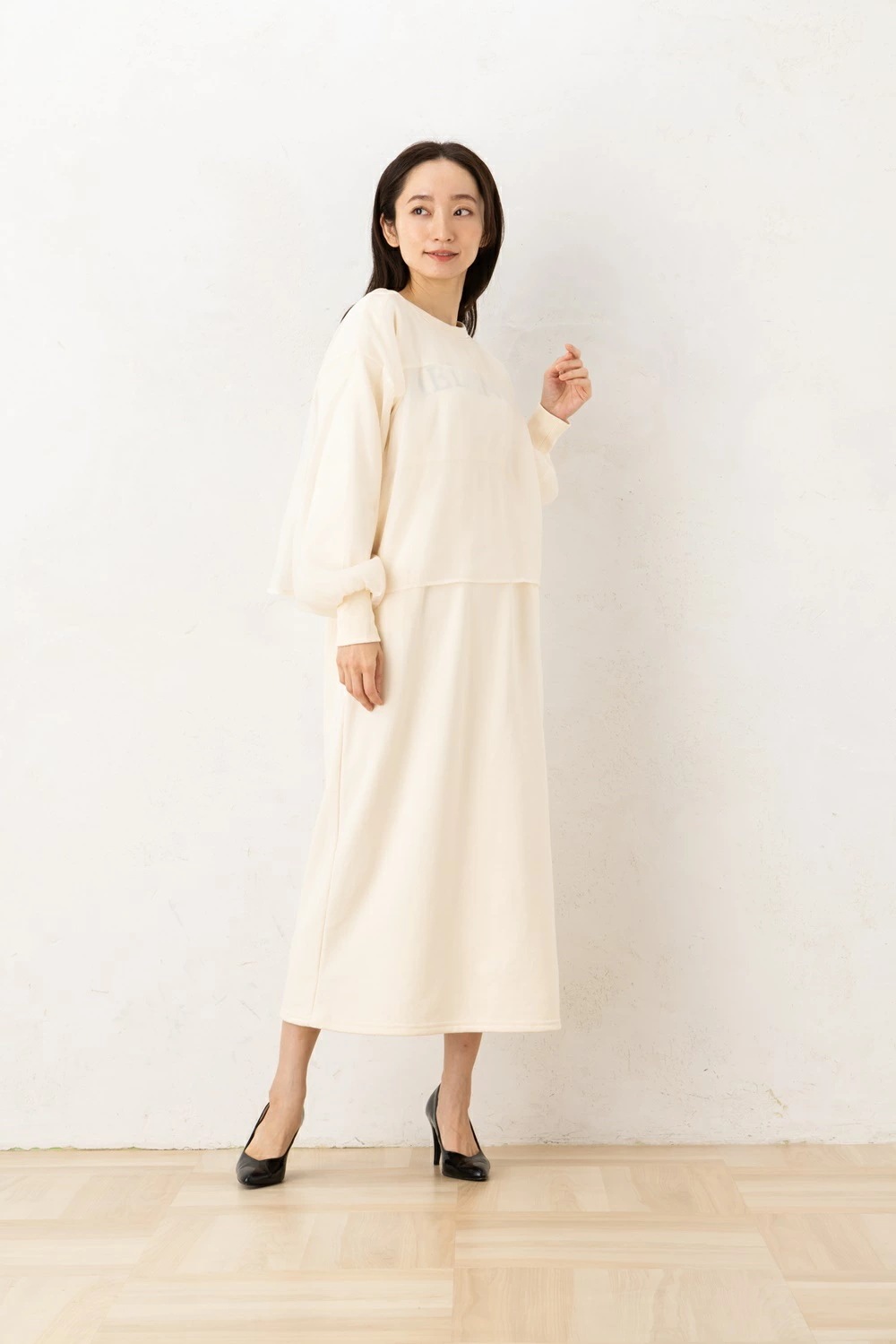 【Bou Jeloud】 ブージュルード ワンピース サイズＦ 長袖 スウェットワンピース ロゴシアードッキングスウェットワンピース アイボリー