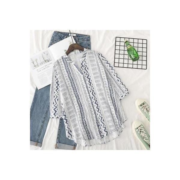 麻 リネン シャツ ブラウス コットン 薄手 袖あり トップス レディース 綿 ブラウス きれいめ カジュアル シャツ おしゃれ 7分袖 半袖 こなれ感 エスニック 幾何