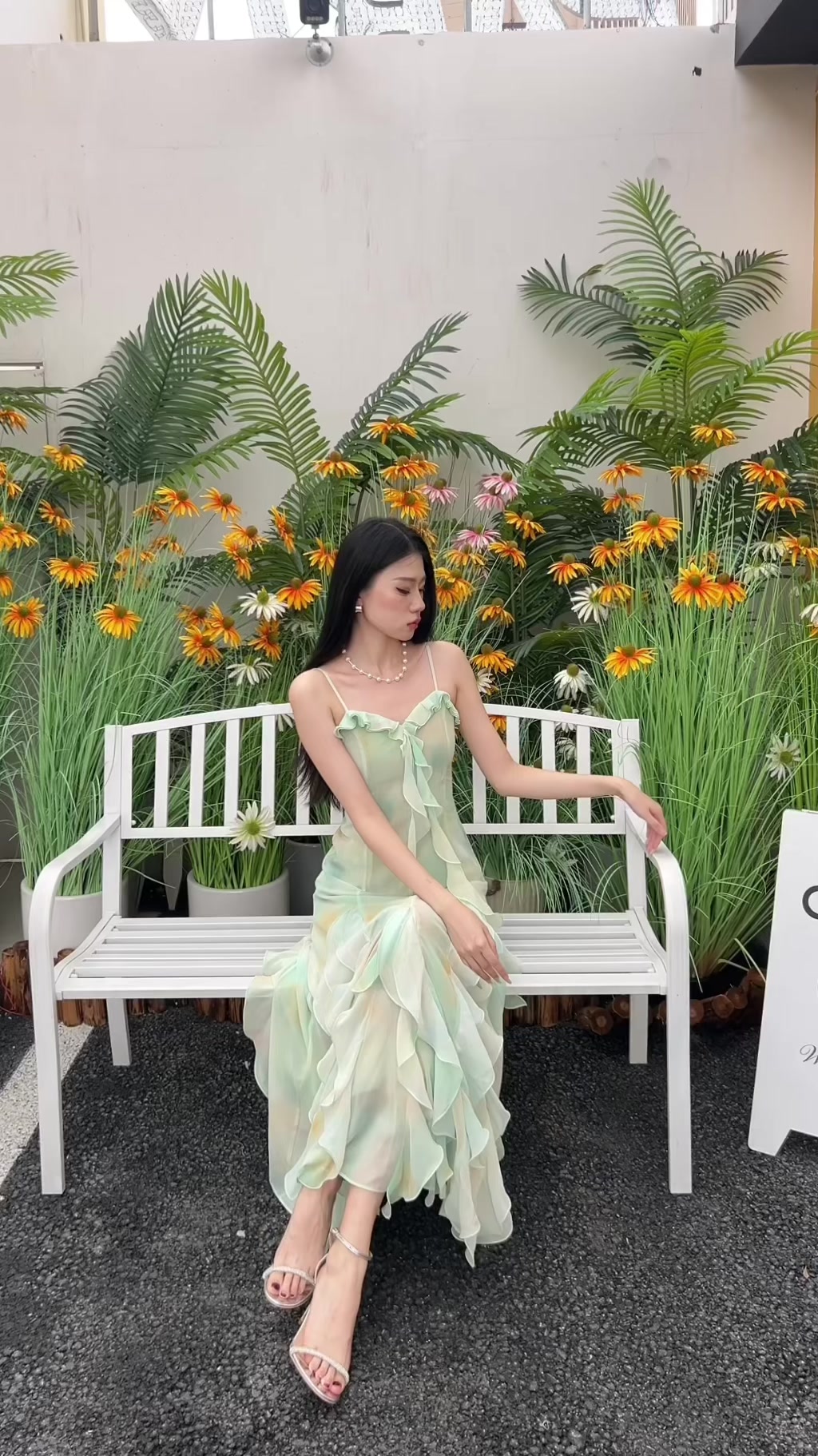 トワイライトフローティンググリーンフレンチフェアリースカート立体多層フリルサスペンダードレスホリデースタイルロングスカートH49