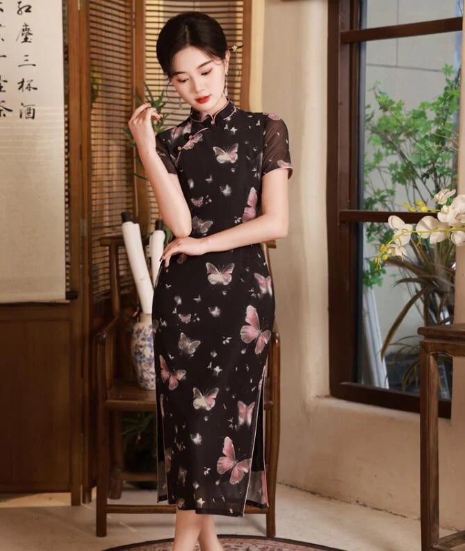期間限定30%割引 ロング丈 チャイナドレス 半袖 ロング チャイナ服 黒に蝶々柄 美シルエット 暗黒 中華服 華流コスプレ チャイナワンピース 中華 コスチューム レディース 人 中国風 ハロウィン