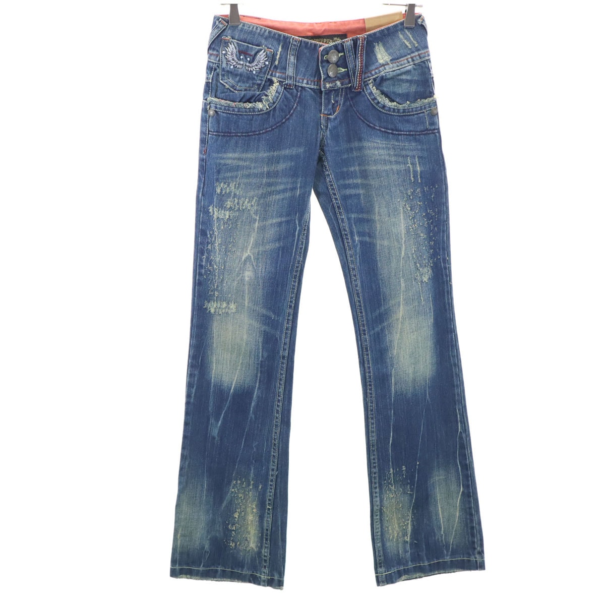 未使用 RED PEPPER レッドペッパー フラッシャー付き バック刺繍 ヴィンテージ加工 ブーツカットデニムパンツ W25 インディゴブルー ジーンズ レディース 古着