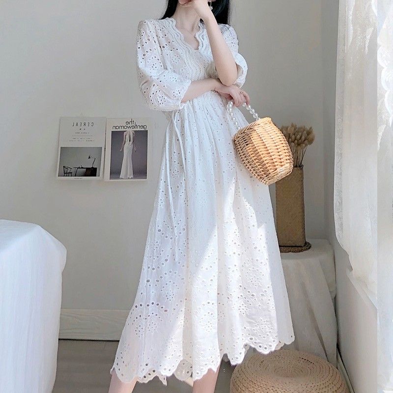 新しい夏の初恋の優しい仙女は腰を収めてやせて見えるレースの気質の白いワンピース仙30%までに制限