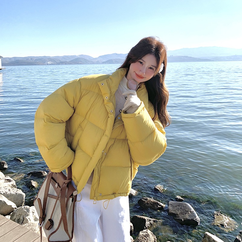 イエローグースダウンダウンジャケット2024新しい韓国風スタンドカラー小さな緩いパフパフ肥厚パンジャケット