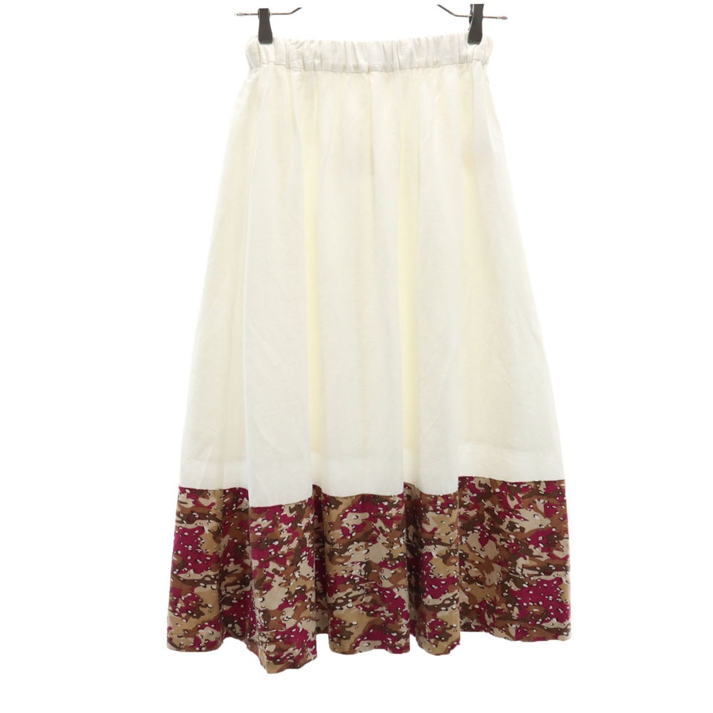 日本製 カモフラージュ柄 切替 ロング丈 ギャザースカート XS ホワイト系 ウエストゴム レディース