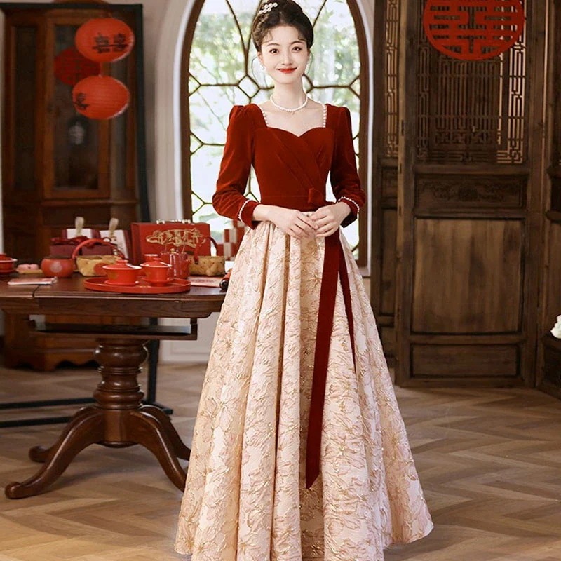 ラストチャンス！チャイナドレス ロング丈 マキシ丈 チャイナ ドレス 中国風 結婚式 花嫁ドレス 長袖 改良中華ドレス ワインレッド 中国風ウェディングドレス 中華服 チャイナ服 中華 舞台ステージ