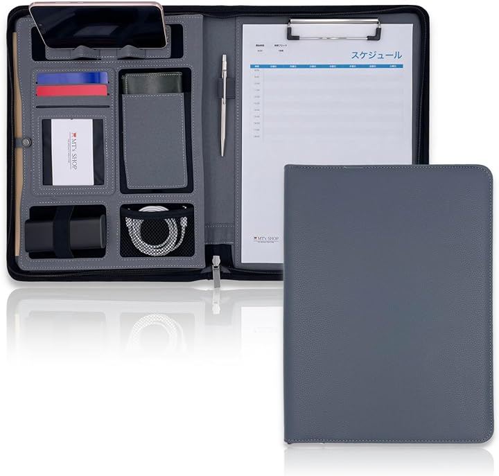クリップボード ファスナー付き バインダー A4 二つ折り フェイクレザー 多機能 スタンド機能 各種ポケット 書類収納 (グレー, A4)