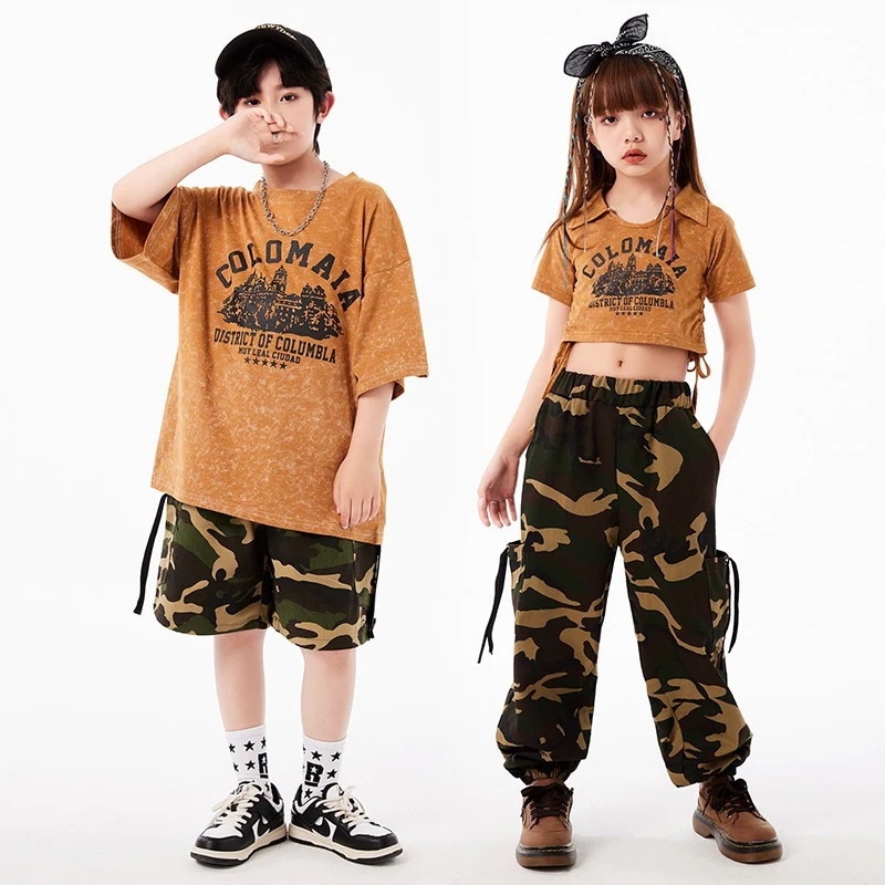 ヒップホップ子供トレンド服クールな男の子ヒップホップスタイルスーツ夏の女の子ジャズダンス迷彩パンツパフォーマンス服