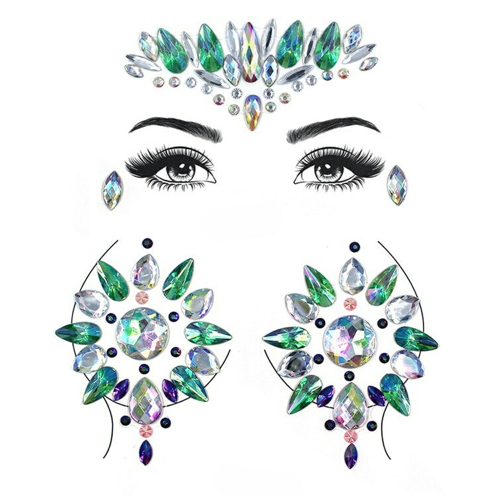 ジェムボディステッカー フェイス チェストセット（胸元用と顔目元用）シート 貼る シール キラキラ メイク ラインストーン 石 胸 腕 顔 頬 額 おでこ 眉間 乳首 仮装 nt577xxxxxxxx