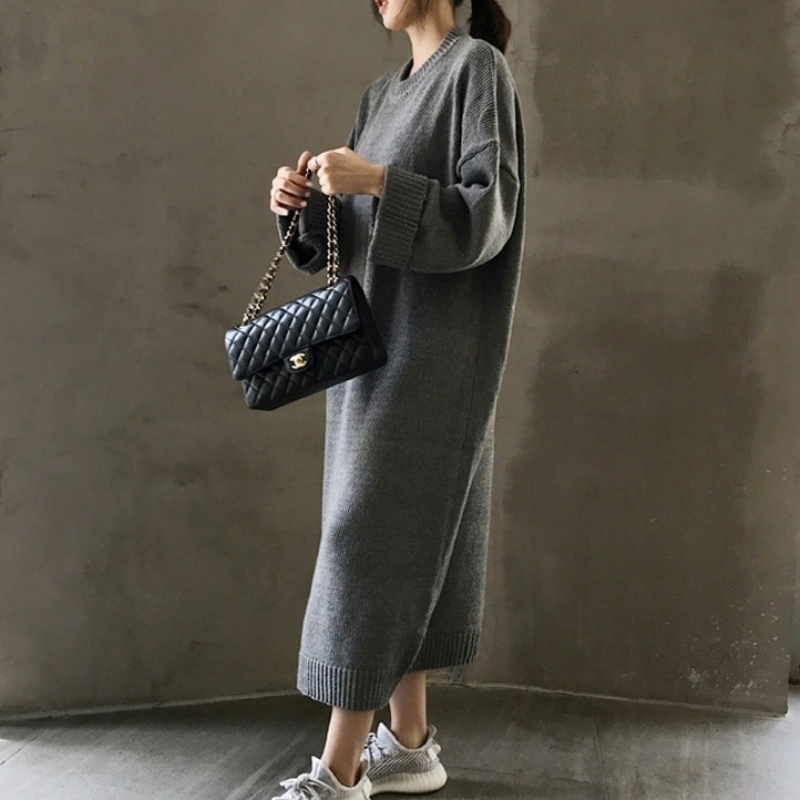 ニットワンピース ロングワンピース ラウンドネック 長袖 ロング丈 ニット 韓国 レディース オルチャン 黒 かわいい 可愛い 大人可愛い 大人女子 シンプル きれいめ ゆったり