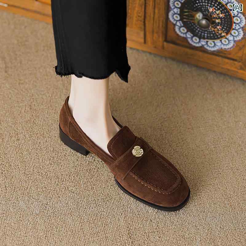 ローファー レディース オフィス 通勤 仕事 春秋 ブラウン シープスキン レザー スクエアトゥ 厚手かか 女性 英国 深口 シングル シューズ 女性 ミディアム ヒール