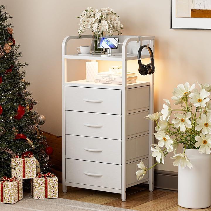 チェスト 棚付き 収納チェスト タンス LEDライト付き キャビネット引き出し 洋服収納 箪笥リビング収納 布製引き出し (ホワイト, 奥行30cm x 幅40cm x 高さ83.)