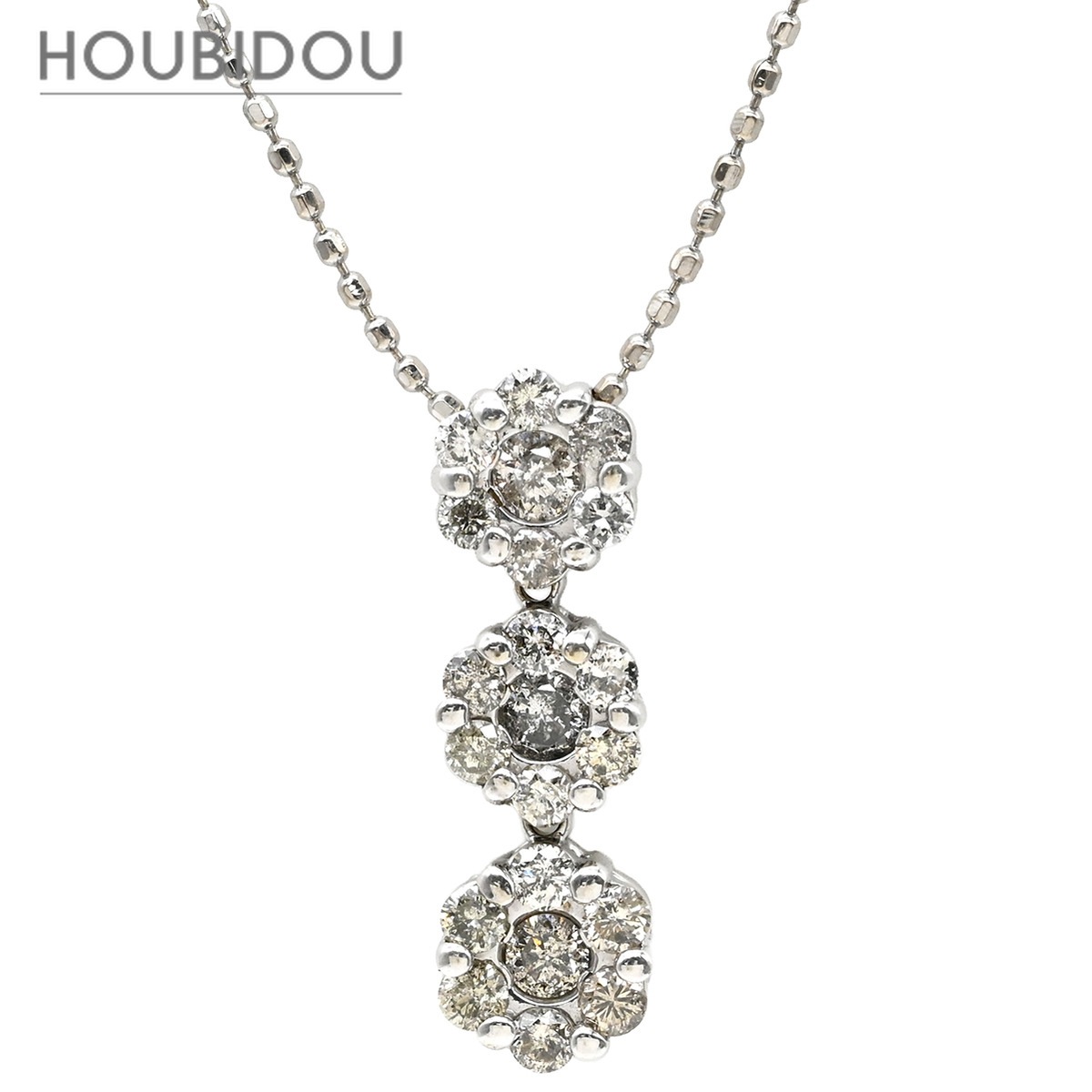 ネックレス ダイヤモンド トリロジー ホワイトゴールド Au585 14K ドロップ ボールチェーン フラワーモチーフ 【中古】