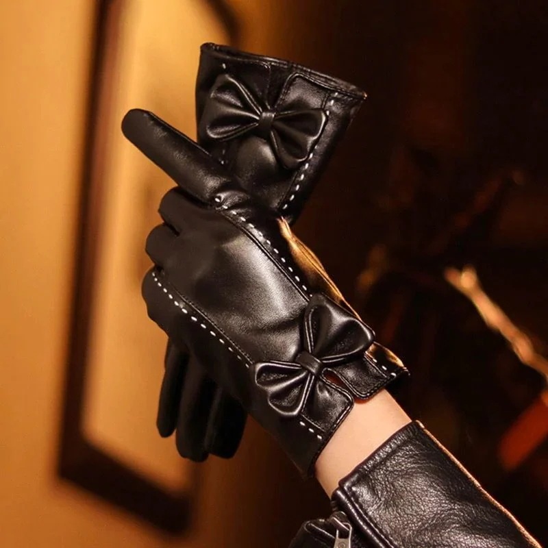 メガ割レディース 裏起毛 厚手 グローブ 防寒 防風 アウトドア サイクリング リボン ブラック 革手袋1006