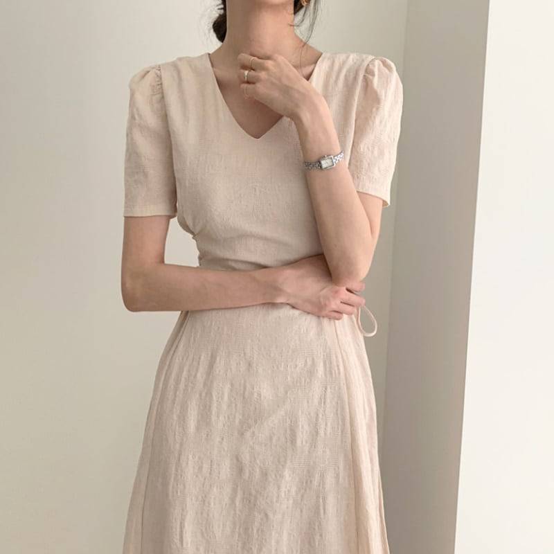 2color レディース ワンピース 膝下丈 レースアップ 半袖 スタイルアップ 体系カバー 大人カジュアル 古着 ヴィンテージ レトロ お洒落 春夏 春 夏 秋冬 秋 冬 ママ ママコーデ 20代