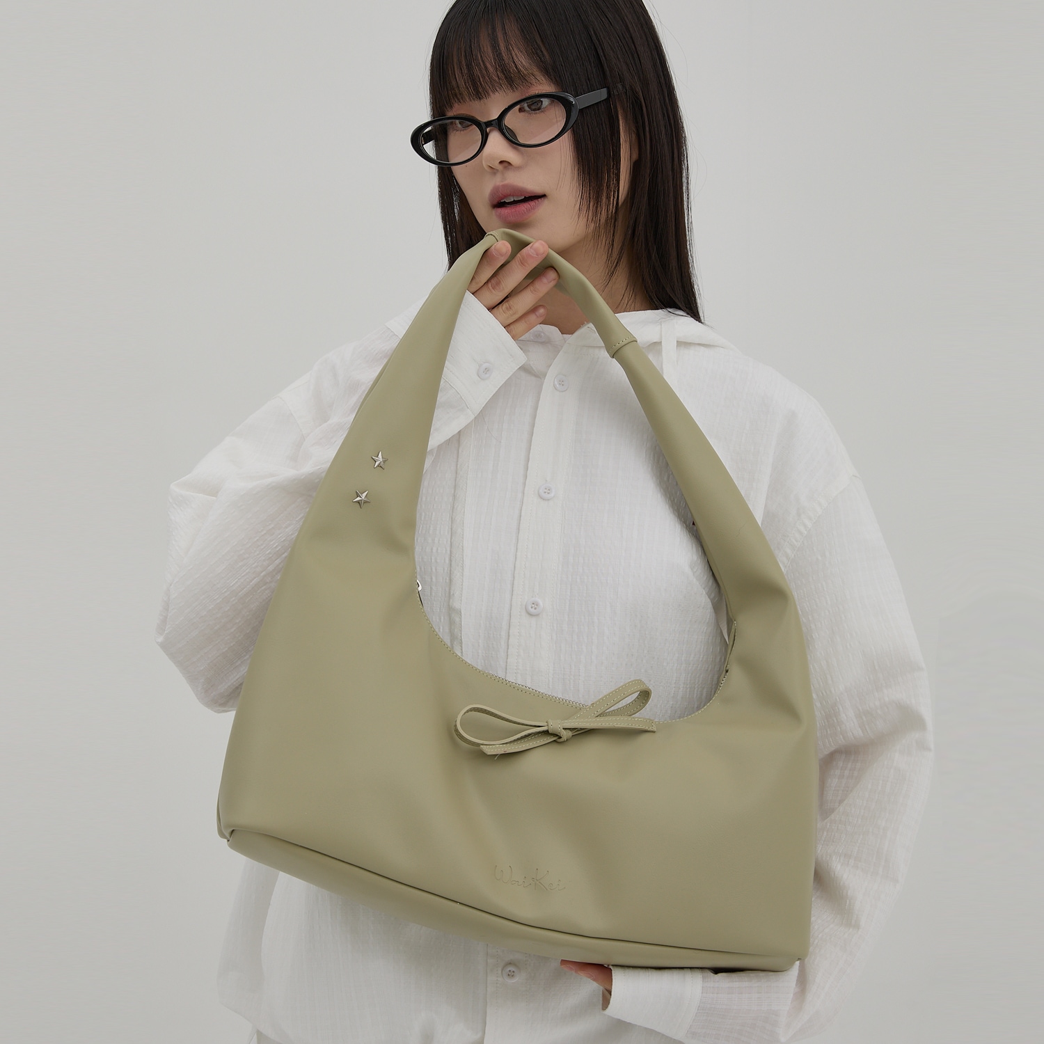 Artificial Leather Ribbon Hobo Bag MINT