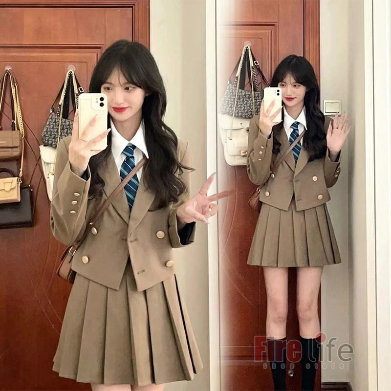 卒業式 スーツ 女の子 韓国 JK制服 卒服 女の子 小学生 入学式 カーキ フォーマルスーツ セットアップ プレザージャケット プリーツスカート ネクタイ ブラウス セミフォーマル 七五三 成人式
