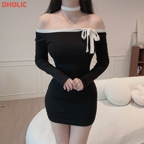 [メガ割りSALE]チョーカー付配色リボンオフショルミニワンピース