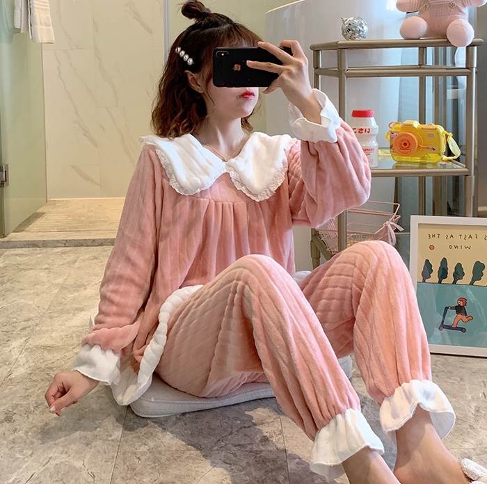 レディース パジャマ 人気 暖かい 産後 授乳 ルームウェア 部屋着 寝巻き ナイトウェア ロング 丈 袖あり 長袖 襟付き レース ウエストゴム ポリエステル 上下 2点 大人可愛い 韓国 オルチャ