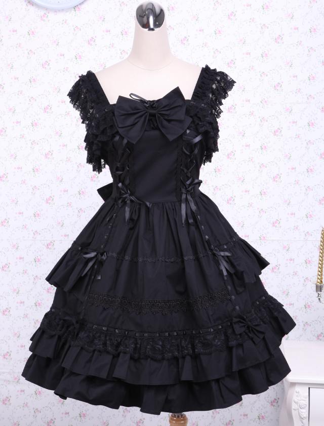 【全店任意2枚購入で100円OFF】ゴスロリ　ゴシックロリィタドレスJSK　レースフリル　トリムロリータジャンパースカート　ブラック　リボン　アイドル衣装