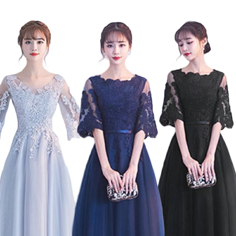 ロングドレス 忘年会　二次会　イブニングドレス　演奏会 Long dress ドレス ファスナー/編み上げ レースのシルバードレス 二次会 花嫁 結婚式 ウェディングドレス 二次会 花嫁ドレス ブライ