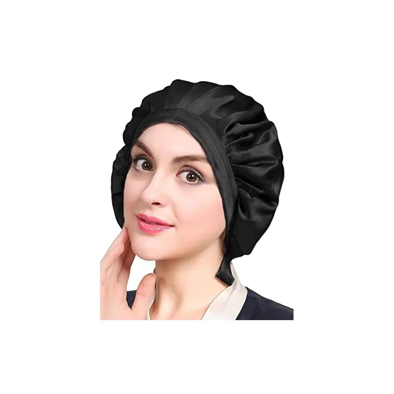 【即納】LilySilk(リリーシルク）天然シルク100% ナイトキャップ 枝毛防止 保湿美髪 ロングヘア用 お休みキャップ 就寝用 産後用 (1/4周ゴム/ブラック)