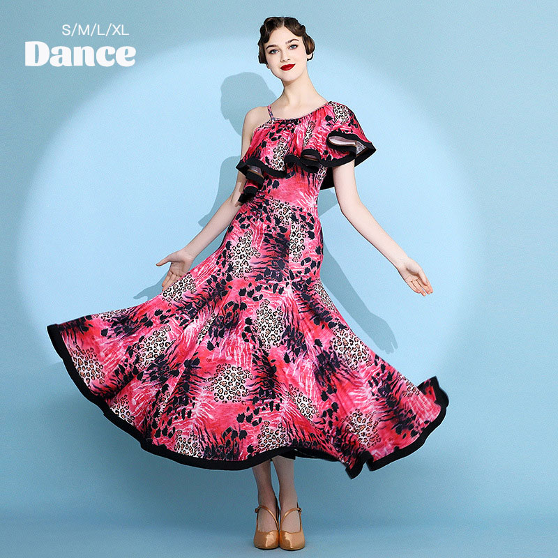 超人気 レディース ダンスドレス ロングドレス ヒョウ柄 2色 片肩 フリル モダンダンス ワルツ 優しい シェップ ストレッチ ステージ 団体 試合 イベント パーティー S M L XL 5,044円