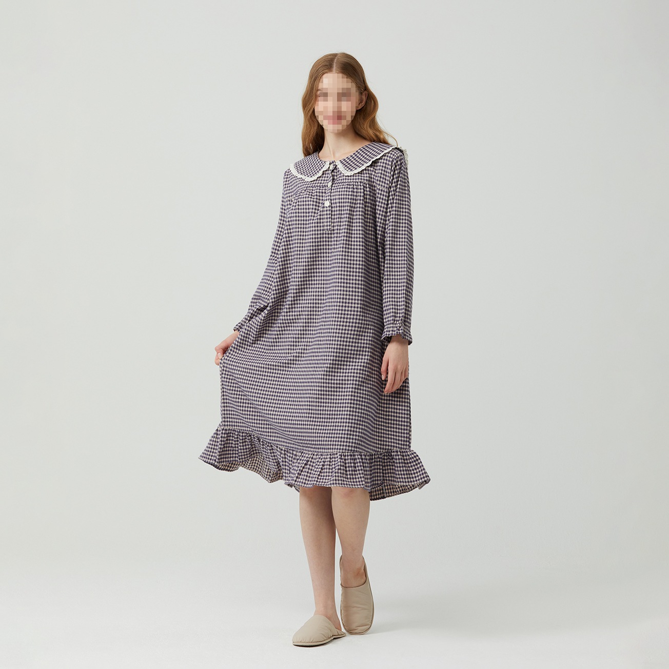 韓国製造/チェック柄/起毛素材/保温性/長袖ツーピース/パジャマ/ホームウェア/FWシーズン