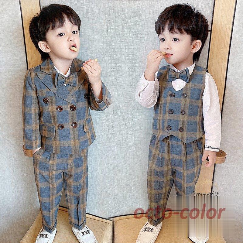 メガ割 子供 チェック柄 スーツ フォーマル 男の子 入学式 卒業式 卒園式 結婚式 ブレザージャケット 七五三 発表会 4点セット 80 90 100 110 1 130