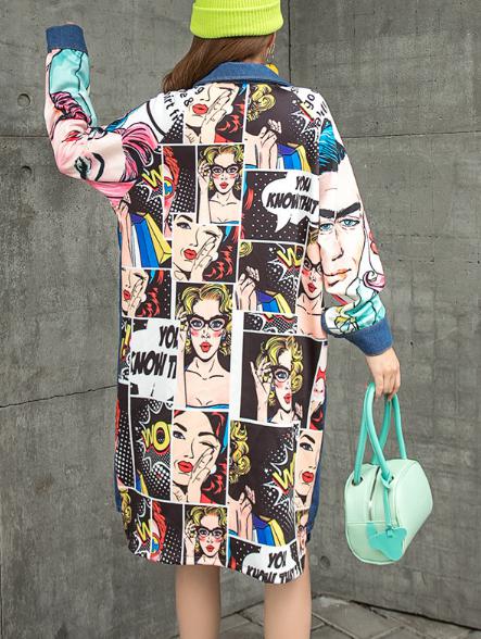 タイドブランドレディース欧米ミドル丈プリントステッチデニムウインドブレーカー