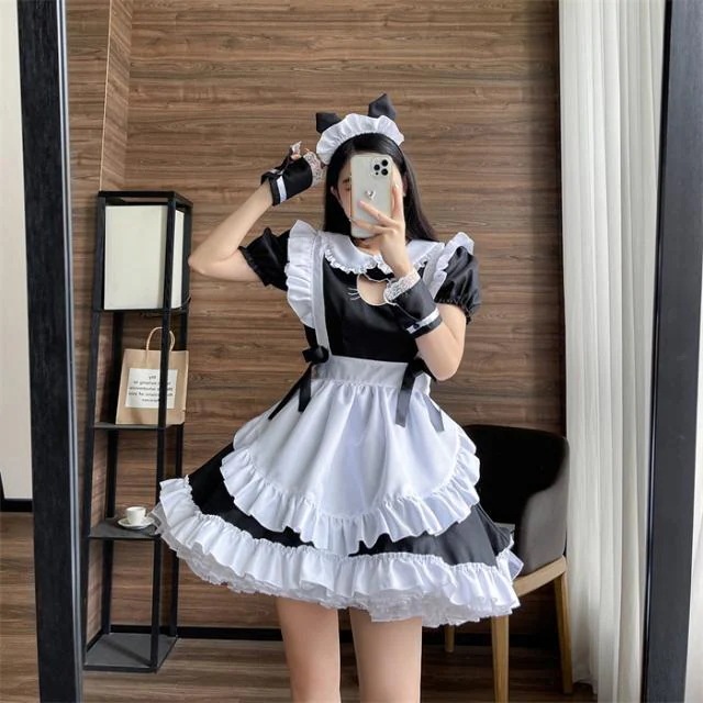 メイド服 ロリィタ ロリータ ワンピース コスチューム 飾り付き ねこ エプロン 髪飾り 腕飾り 首輪 中空 文化祭 学園祭 メイドカフェ Lolita コスプレ衣装 アニメ 可愛い ブラック ピンク