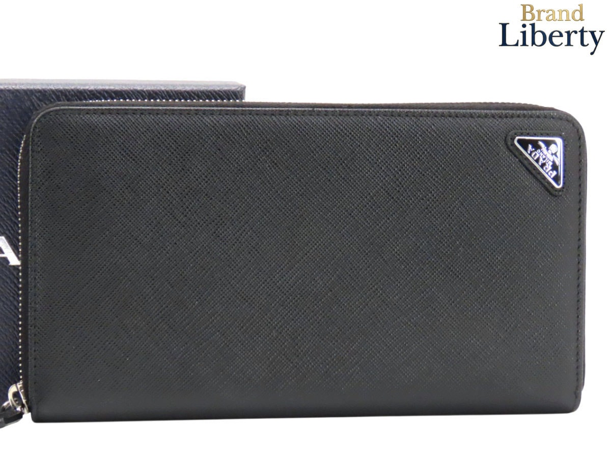 新品同様プラダPRADAサフィアーノトライアングルジップアラウンド財布ラウンドファスナー長財布オーガナイザーブラックカーフレザー2ML188