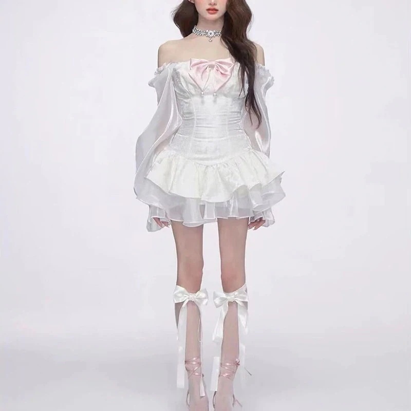 3日出荷 ワンピース夏 リボン オフショルダー チューブトップ 高級デザイン ウエストマーク シルエット美しい ショート丈 春服 レディース