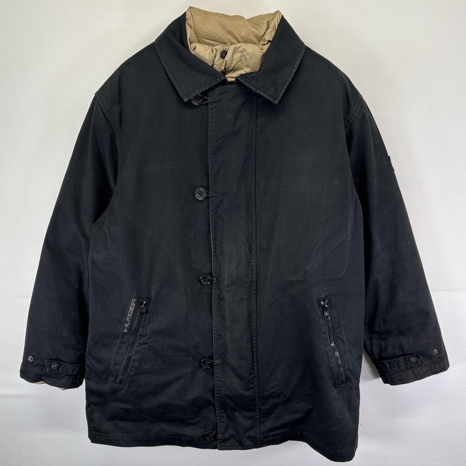 古着 コットンジャケット ピーコート風 ワンポイントロゴ刺繍 ライナーダウン付き M ブラック メンズ