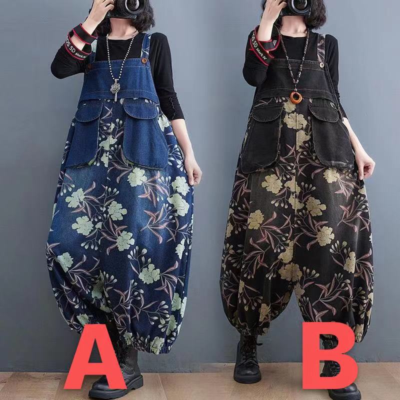 オーバーオール サルエル オールインワン サルエルパンツ アラジンパンツ デニムパンツ デニムサロペット 秋服 レディース秋物 秋 レディース 花柄 ロング サロペット ゆったり 楽ちん お