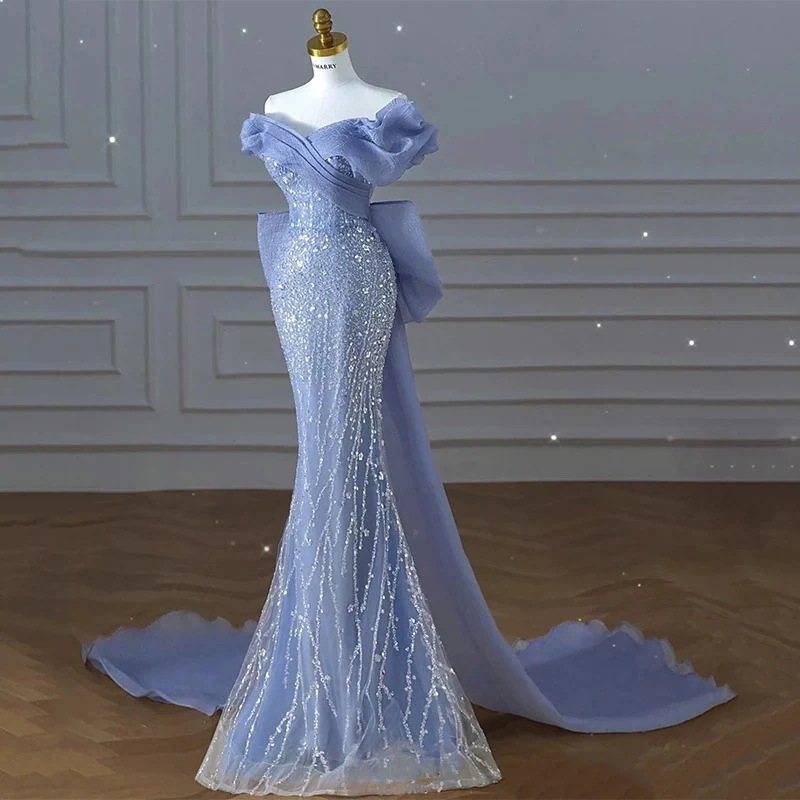 ドレス ワンピース フィッシュテール くすみブルー ビーズ ホルターネック ランウェイ 発表会 結婚式 ドレス お呼ばれパーティー ドレス