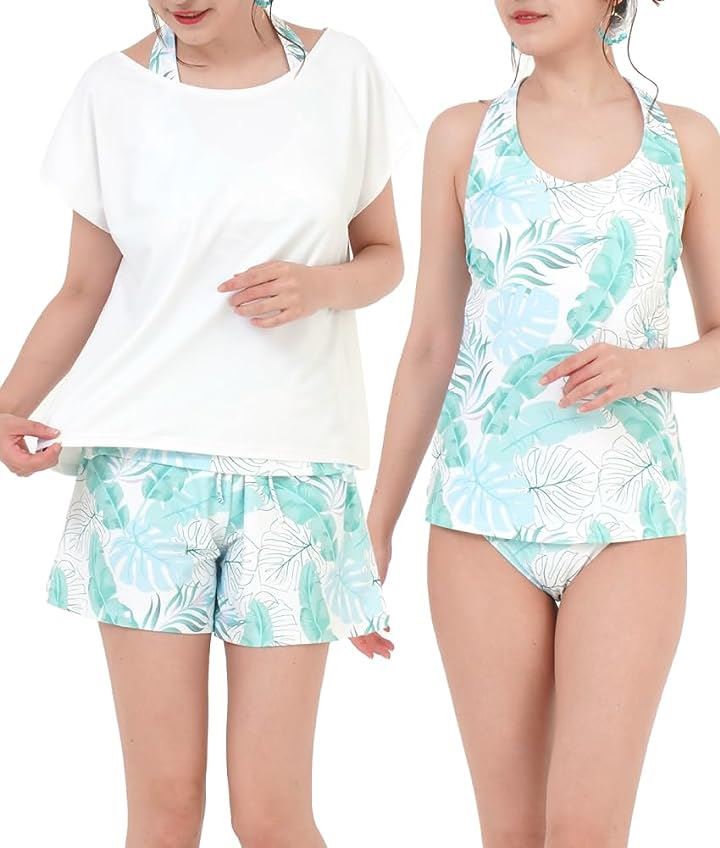水着 レディース 体型カバー 4点セット タンキニ Tシャツ ハーフパンツ ショーツ グリーンリーフ x ホワイト( グリーンリーフ x ホワイト, S)