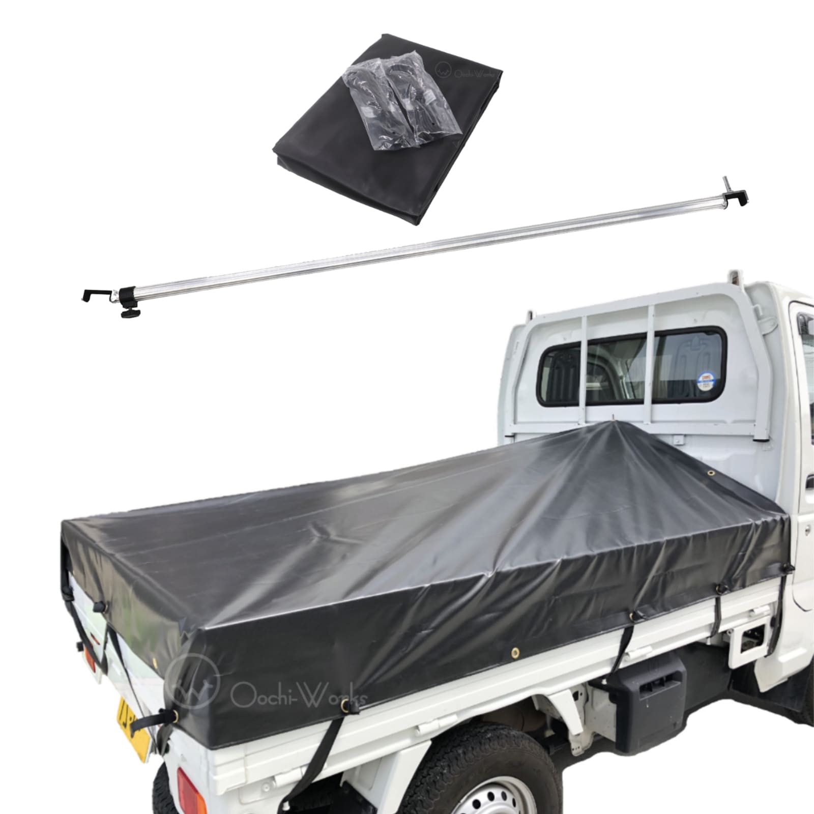 トラックシート 伸縮式荷台ポールセット スロープ型 ブラック 軽トラ用 コードゴム4ｍｘ2本付き 標準荷台軽トラック用 エステル帆布 荷台シート
