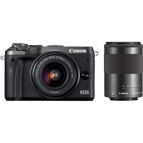 【中古】キヤノン Canon EOS M6 ダブルズームキット ブラック EF-M15-45mm/EF-M55-200mm 付属 SDカード付き