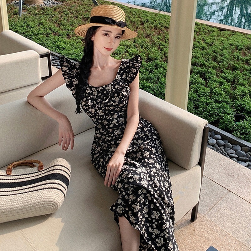 ティーブレイクフレンチブラック花柄サスペンダー小フライングスリーブドレスレディース5年夏ヘボン気質ロングスカート