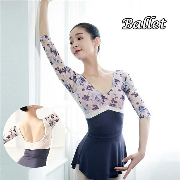 花柄 レオタード お洒落 韓国 大人用 バレエ衣装 練習着 演出用 可愛い かわいい バレエレオタード 半袖 秋 春 バレエダンス ダンス服 ネイビー コンクール ダンスウエア コスチューム dm32
