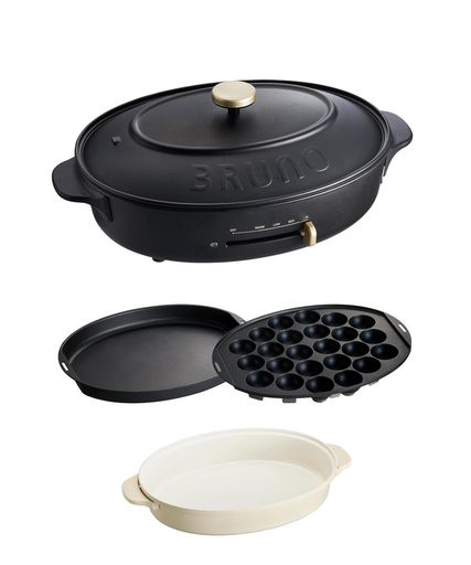 BRUNO ブルーノ オーバルホットプレート 本体 プレート3種 (たこ焼き 深鍋 平面) ブラック Black 黒 おしゃれ かわいい これ1台 一台 蓋 ふた付き 1200w 温度調節 洗いやすい