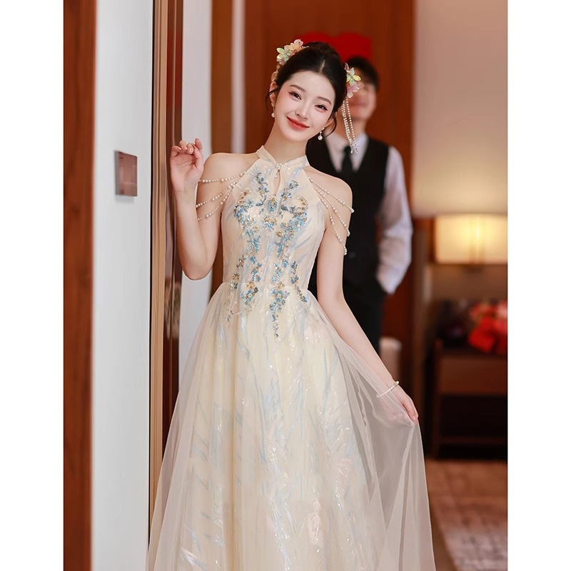 モーニングローブチャイナドレス乾杯ドレス花嫁の婚約ドレス結婚式の司会ドレスエレガントなシャンパンカラー