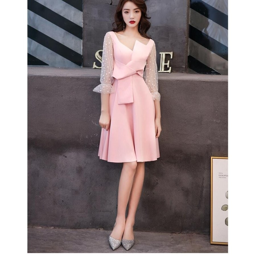 ミニドレス ウエディングドレス パーディードレス 袖あり ピンク 結婚式 二次会 舞台用 披露宴 演