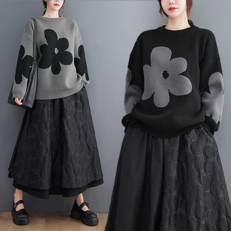 レディース トップス ニット セーター プルオーバー 長袖 ボリューム袖 クルーネック ストレート Iライン オーバーサイズ 大人可愛い シンプル カジュアル おしゃれ こなれ感 ルーズ 個性的