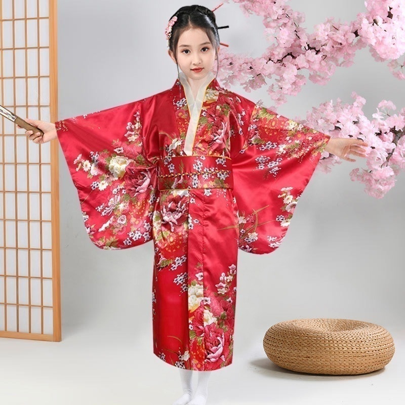日本の花と鳥のプリントの女の子の着物新鮮な写真レトロ振袖赤いロングスカート改良された和風子供用ロングスカート
